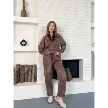 Kapüşonlu Spor-Şık Günlük Takım Kahverengi