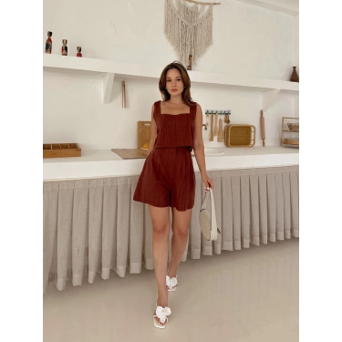 Kare Yaka Croplu Şortlu Keten Takım Kahve