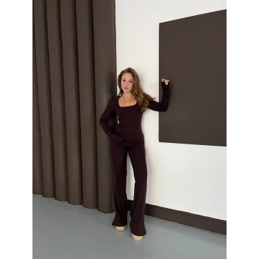 Kare Yaka İspanyol Paça İkili Takım Kahverengi