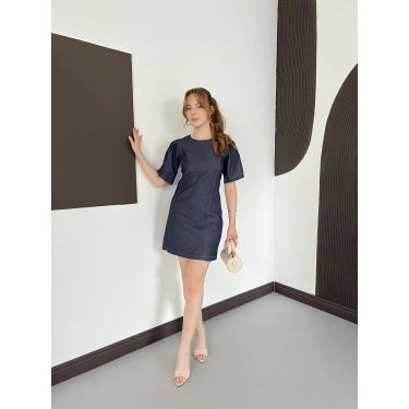 Karpuz Kol Mini Denim Elbise Lacivert