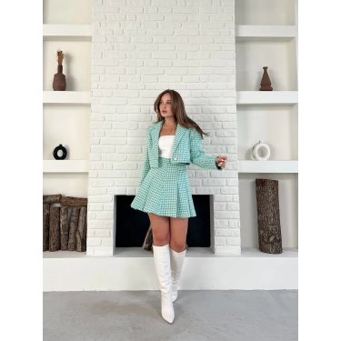 Kaz Ayağı Desen Pliseli Etek Crop Ceket Takım Mint