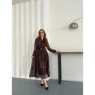 Kemer Detaylı Astarlı Şifon Elbise Acı Kahve