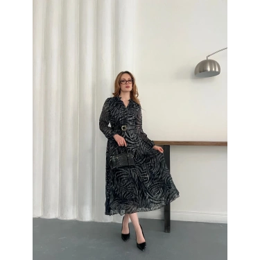 Kemer Detaylı Astarlı Şifon Elbise Antrasit