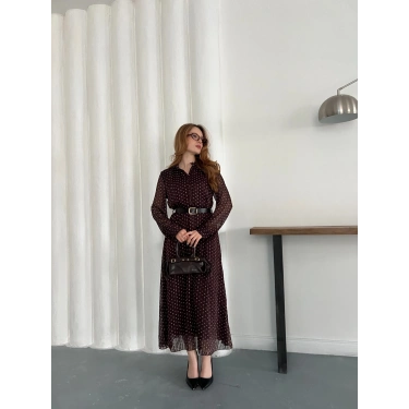 Kemer Detaylı Astarlı Şifon Elbise Bordo