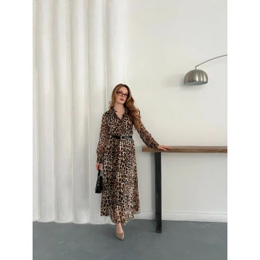 Kemer Detaylı Astarlı Şifon Elbise Leopar