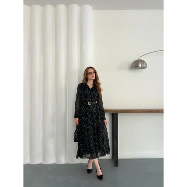 Kemer Detaylı Astarlı Şifon Elbise Siyah