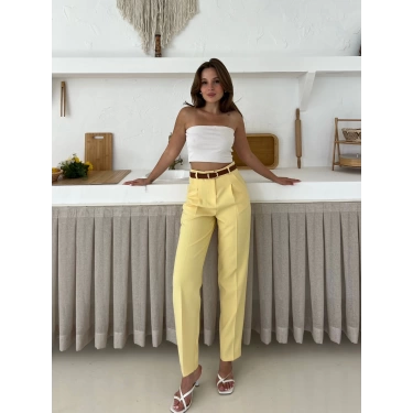 Kemer Detaylı Double Kumaş Pantolon Sarı