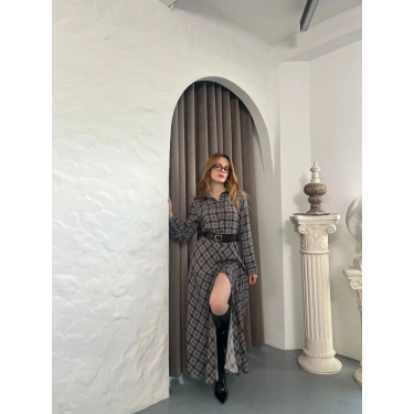 Kemer Detaylı Ekose Gömlek Elbise Füme