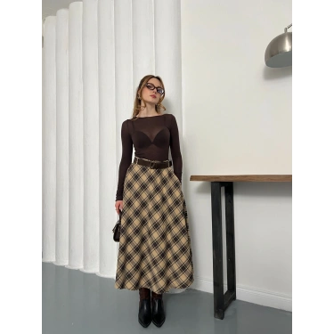 Kemer Detaylı Ekose Uzun Etek Bej