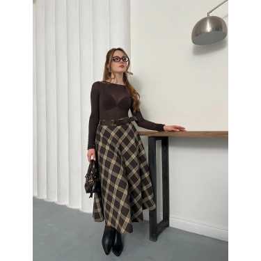 Kemer Detaylı Ekose Uzun Etek Kahve