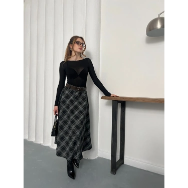 Kemer Detaylı Ekose Uzun Etek Siyah