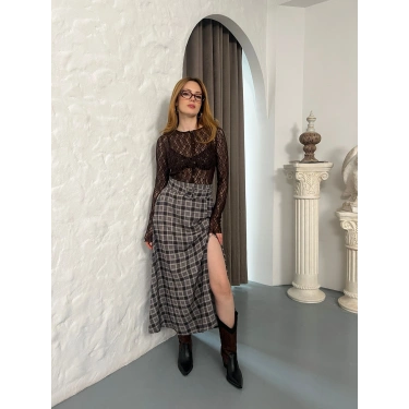 Kemer Detaylı Ekose Yırtmaçlı Etek Antrasit