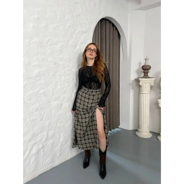 Kemer Detaylı Ekose Yırtmaçlı Etek Yeşil