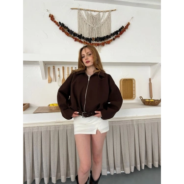 Kemer Detaylı Fermuarlı Kısa Kaşe Ceket Acı Kahve