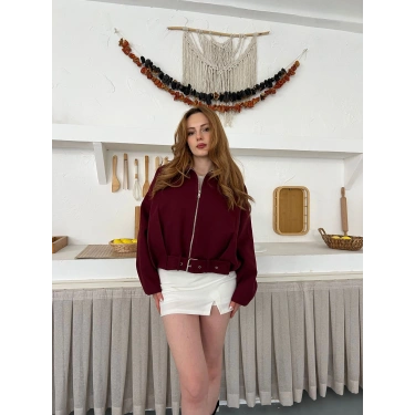 Kemer Detaylı Fermuarlı Kısa Kaşe Ceket Bordo