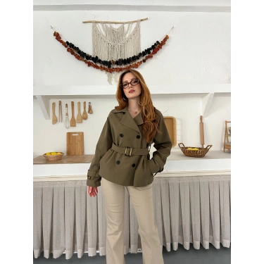 Kemer Detaylı İçi Astarlı Kısa Trenç Haki