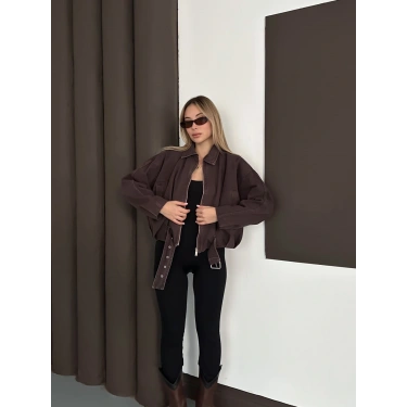 Kemer Detaylı İçi Peluşlu Denim Ceket Kahve