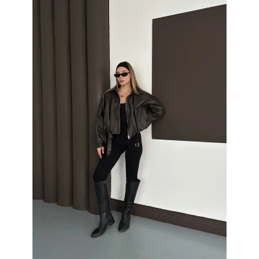 Kemer Detaylı İçi Peluşlu Deri Ceket Acı Kahve