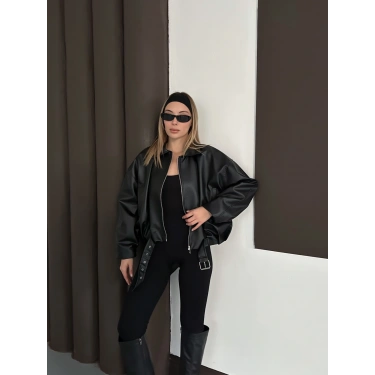 Kemer Detaylı İçi Peluşlu Deri Ceket Siyah