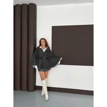 Kemer Detaylı Kaşe Panço Gri