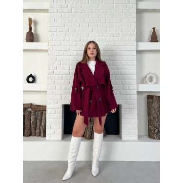 Kemer Detaylı Kısa Kaşe Kaban Bordo