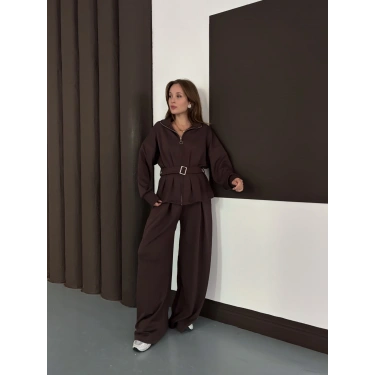 Kemer Detaylı Pantolonlu İkili Takım Acı Kahve