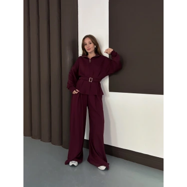 Kemer Detaylı Pantolonlu İkili Takım Bordo
