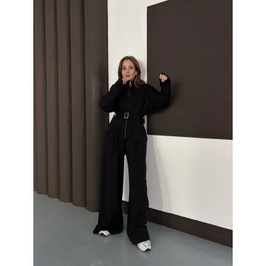 Kemer Detaylı Pantolonlu İkili Takım Siyah
