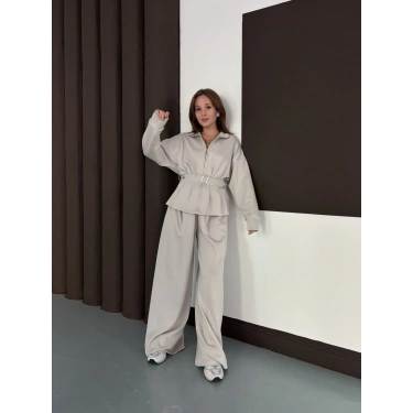 Kemer Detaylı Pantolonlu İkili Takım Taş