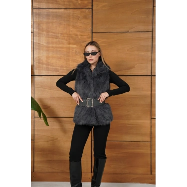 Kemer Detaylı Peluş Yelek Antrasit