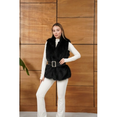 Kemer Detaylı Peluş Yelek Siyah