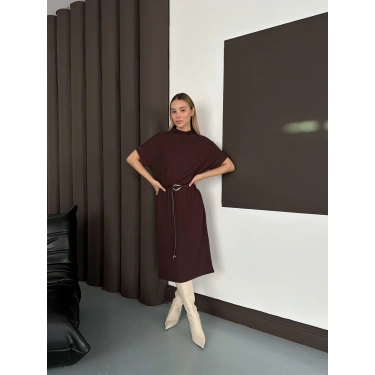 Kemer Detaylı Selanik Kumaş Uzun Elbise Acı Kahve