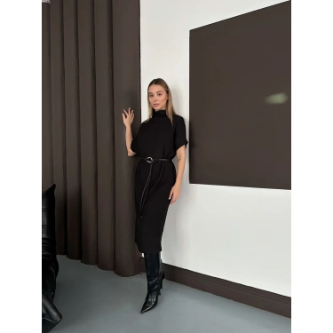 Kemer Detaylı Selanik Kumaş Uzun Elbise Siyah