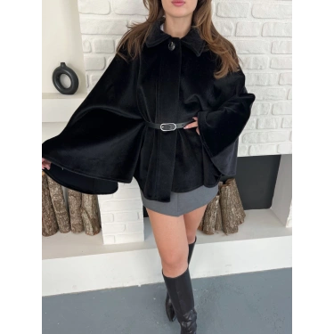 Kemer Detaylı Yarasa Kol Panço Siyah