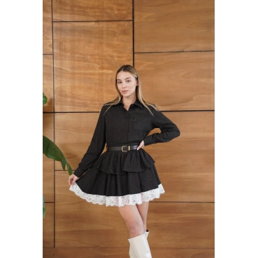 Kemerli Dantel Detay Elbise Acı Kahve