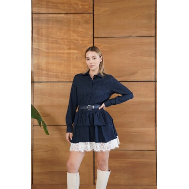 Kemerli Dantel Detay Elbise Lacivert