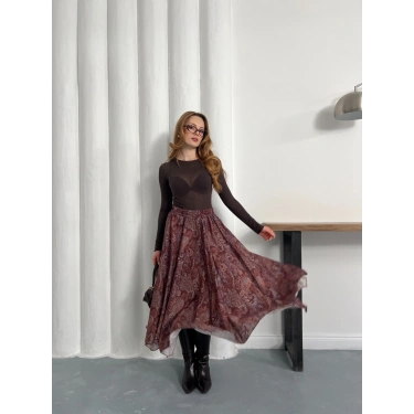 Kilim Desen Bel Lastikli Etek Bordo