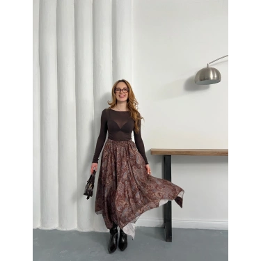 Kilim Desen Bel Lastikli Etek Kahve