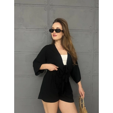 Kilim Desen Şortlu Kimono Takım Siyah