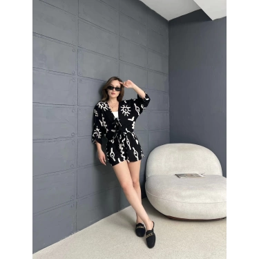 Kilim Desen Şortlu Kimono Takım Siyah krem