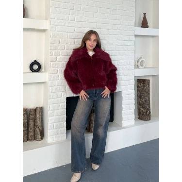 Kol Ribanalı Fermuarlı Kürk Bordo