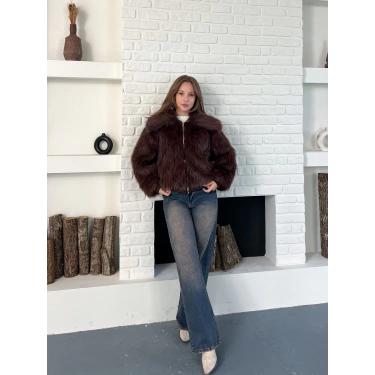 Kol Ribanalı Fermuarlı Kürk Kahve