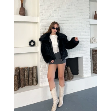 Kol Ribanalı Fermuarlı Kürk Siyah