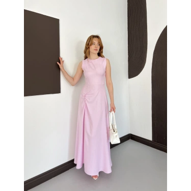 Kolsuz Düğüm Detay Midi Keten Elbise Pembe