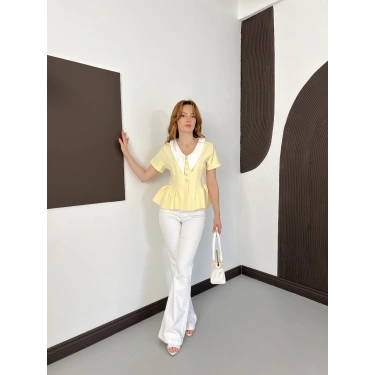 Kontrast Yaka Peplum Detaylı Bluz Sarı