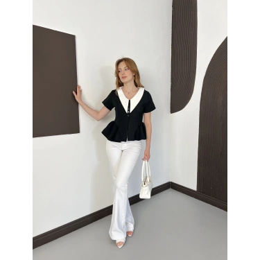 Kontrast Yaka Peplum Detaylı Bluz Siyah