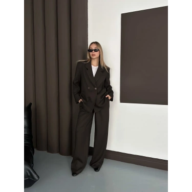 Kruvaze Yaka Ceket Pantolon Takım Kahve