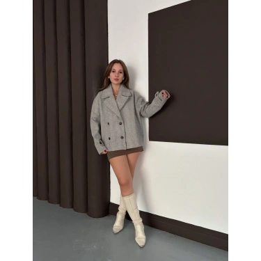 Kruvaze Yaka Cepli Kısa Kaşe Ceket Gri