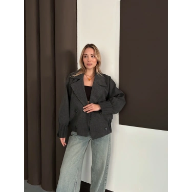 Kruvaze Yaka Kısa Büzgü Detaylı Kaşe Ceket Antrasit