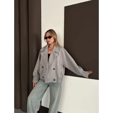 Kruvaze Yaka Kısa Büzgü Detaylı Kaşe Ceket Gri